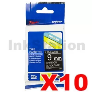 10 x Genuine Brother TZe-325 9mm White Text on Black Laminated Tape - 8 meters