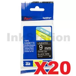 20 x Genuine Brother TZe-325 9mm White Text on Black Laminated Tape - 8 meters