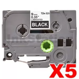 5 x Compatible Brother TZe-325 9mm White Text on Black Laminated Tape - 8 meters
