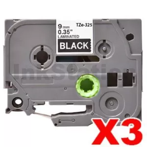 3 x Compatible Brother TZe-325 9mm White Text on Black Laminated Tape - 8 meters