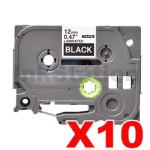 10 x Compatible Brother TZe-335 12mm White Text on Black Laminated Tape - 8 meters