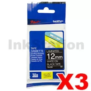 3 x Genuine Brother TZe-335 12mm White Text on Black Laminated Tape - 8 metres