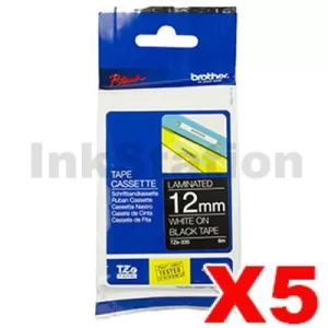 5 x Genuine Brother TZe-335 12mm White Text on Black Laminated Tape - 8 metres