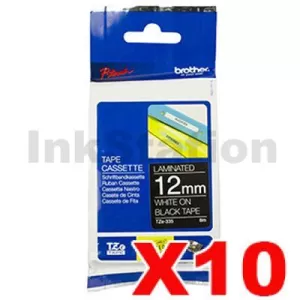 10 x Genuine Brother TZe-335 12mm White Text on Black Laminated Tape - 8 metres