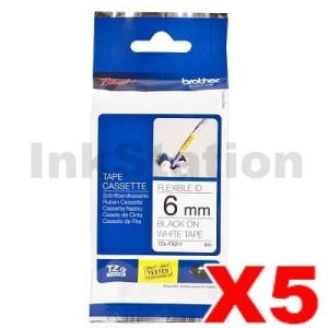 5 x Genuine Brother TZe-FX211 6mm Black Text on White Flexible ID Laminated Tape - 8 metres