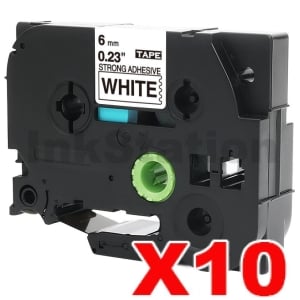 10 x Compatible Brother TZe-S211 6mm Black Text on White Strong Adhesive Laminated Tape - 8 metres