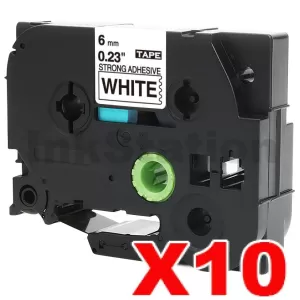 10 x Compatible Brother TZe-S211 6mm Black Text on White Strong Adhesive Laminated Tape - 8 metres