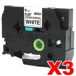 3 x Compatible Brother TZe-S211 6mm Black Text on White Strong Adhesive Laminated Tape - 8 metres