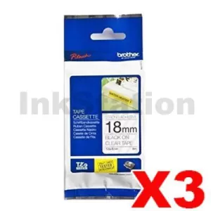 3 x Genuine Brother TZe-S141 18mm Black Text on Clear Strong Adhesive Laminated Tape - 8 metres