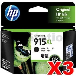 3 x HP 915XL Genuine Black High Yield Inkjet Cartridge 3YM22AA - 825 pages