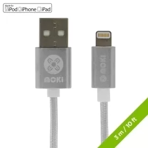Moki Lightning to USB-A SynCharge Braided Cable 3m - Silver