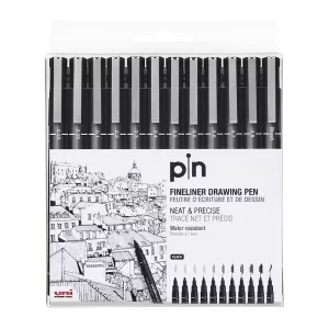Uni Pin 200 Fineliner Pen Assorted Tips Black 12 Pack