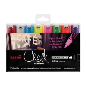 Uni Chalk Marker Chisel Tip Assorted 8 Pack