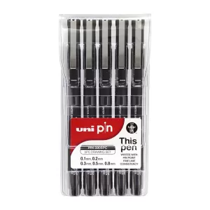 Uni Pin 200 Fineliner Pen Assorted Tips Black 5 Pack
