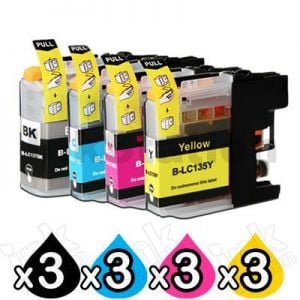 12 Pack Compatible Brother LC-137XLBK + LC-135XLC/M/Y Ink Cartridges [3BK,3C,3M,3Y]