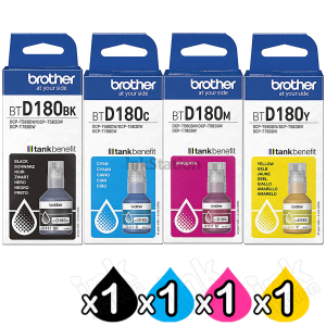 4 Pack Genuine Brother BTD180 Ink Bottles Combo [1BK, 1C, 1M, 1Y]