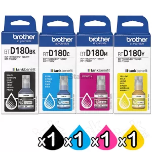 4 Pack Genuine Brother BTD180 Ink Bottles Combo [1BK, 1C, 1M, 1Y]