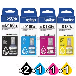 5 Pack Genuine Brother BTD180 Ink Bottles Combo [2BK, 1C, 1M, 1Y]