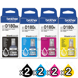 8 Pack Genuine Brother BTD180 Ink Bottles Combo [2BK, 2C, 2M, 2Y]