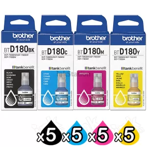 20 Pack Genuine Brother BTD180 Ink Bottles Combo [5BK, 5C, 5M, 5Y]