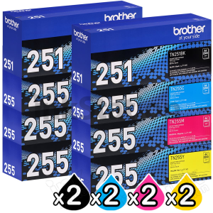 2 sets of 4 Pack Genuine Brother TN-251 / TN-255 High Yield Toner Combo [2BK,2C,2M,2Y]