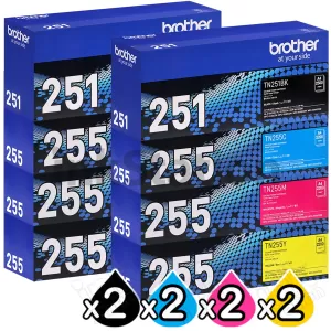 2 sets of 4 Pack Genuine Brother TN-251 / TN-255 High Yield Toner Combo [2BK,2C,2M,2Y]