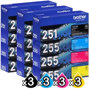 3 sets of 4 Pack Genuine Brother TN-251 / TN-255 High Yield Toner Combo [3BK,3C,3M,3Y]