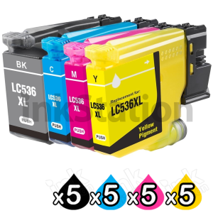 20-Pack Compatible Brother LC-536XL High Yield Ink Cartridges Combo [5BK, 5C, 5M, 5Y]