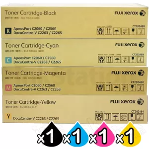 4 Pack Fuji Xerox DocuCentre-V C2263 / C2265, ApeosPort C2060 / C2560 / C3060 Genuine Toner Cartridges (CT202488-CT202491)