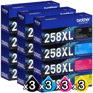 3 Sets of 4 Pack Genuine Brother TN-258XL High Yield Toner Cartridges Combo [3BK,3C,3M,3Y]