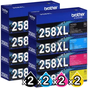2 Sets of 4 Pack Genuine Brother TN-258XL High Yield Toner Cartridges Combo [2BK,2C,2M,2Y]