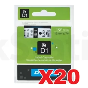 20 x Dymo SD45013 / S0720530 Genuine 12mm Black Text on White Label Cassette - 7 meters