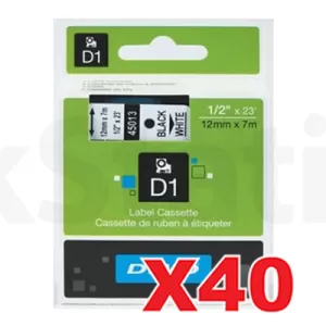 40 x Dymo SD45013 / S0720530 Genuine 12mm Black Text on White Label Cassette - 7 meters