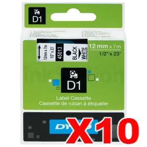 10 x Dymo SD45013 / S0720530 Genuine 12mm Black Text on White Label Cassette - 7 meters