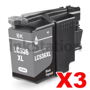 3 x Compatible Brother LC-536XLBK Black High Yield Ink Cartridge - 2,500 pages