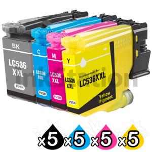 20-Pack Compatible Brother LC-536XXL Extra High Yield Ink Cartridges Combo [5BK, 5C, 5M, 5Y]