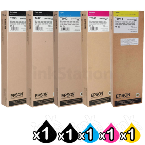 5 Pack Genuine Epson T6941 - T6945 UltraChrome XD 700ml Ink Cartridges Combo [1MBK, 1PBK,1C,1M,1Y]