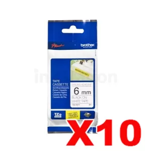 10 x Genuine Brother TZe-S211 6mm Black Text on White Strong Adhesive Laminated Tape - 8 metres