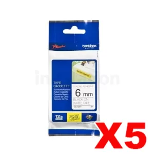 5 x Genuine Brother TZe-S211 6mm Black Text on White Strong Adhesive Laminated Tape - 8 metres