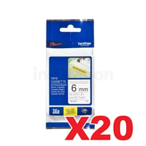20 x Genuine Brother TZe-S211 6mm Black Text on White Strong Adhesive Laminated Tape - 8 metres
