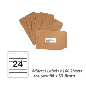 100 Sheets A4 White Self Adhesive Paper Address Mailing Laser Inkjet Sticker Labels 64 x 33.8mm - 24 Labels Per Sheet