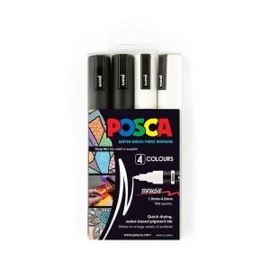 POSCA PC5BR Brush Paint Marker Medium Tip Black/White 4 Pack