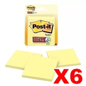 6 x Post-It 3321-SSCY Super Sticky Notes 76 x 76mm Canary Yellow 45 Sheets 3 Pack