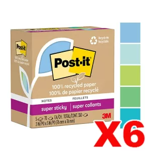 6 x Post-It 654R-5SST Super Sticky Recycled Notes 76 x 76mm Oasis 70 Sheets 5 Pack