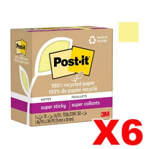 6 x Post-It 654R-5SSCY Super Sticky Recycled Notes 76 x 76mm Canary Yellow 70 Sheets 5 Pack