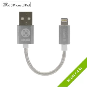 Moki Lightning to USB-A SynCharge Braided Cable 10cm - Silver