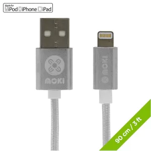 Moki Lightning to USB-A SynCharge Braided Cable 90cm - Silver
