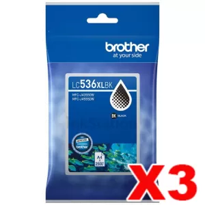 3 x Genuine Brother LC-536XLBK Black High Yield Ink Cartridge - 2,500 pages