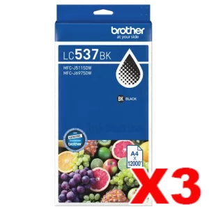 3 x Genuine Brother LC-537BK Black Ultra High Yield Ink Cartridge - 1,2000 pages