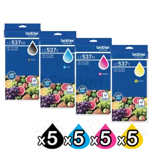 20-Pack Genuine Brother LC-537 Ultra High Yield Ink Cartridges Combo [5BK, 5C, 5M, 5Y]